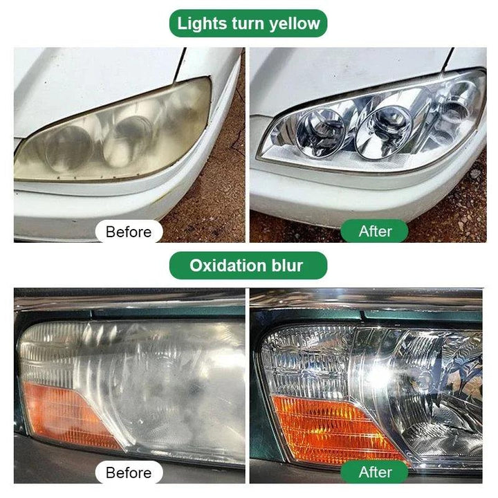 Two sets of before-and-after images demonstrate the transformation of car headlights. The left images show yellowed and blurred headlights, while the right images reveal clear and bright results, highlighting the effectiveness of the Car Headlight Restoration Kit and Headlight Scratch Remover in cleaning and restoring them.