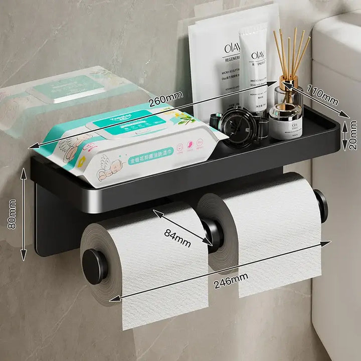 Aluminum Alloy Wall Mount Toilet Paper Holder with Phone Shelf, Black Dual Roll Dispenser, Bathroom Accessories Displayed