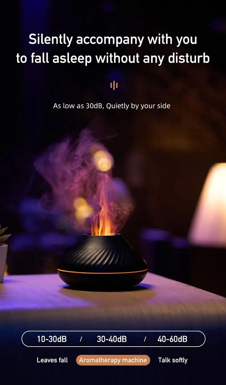 Aromatherapy humidifier emitting high fog in a dimly lit room, promoting quiet operation for a serene sleeping environment.