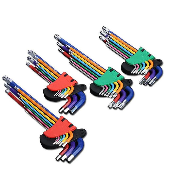 Four sets of the Allen Key Set Hexagon Spanner Set Bike Repair Kit, each set featuring a unique case color: red, green, black, and blue. The sets are arranged in size order and display a vibrant array of colors.