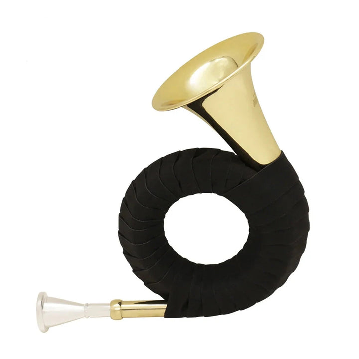 The SLADE Bb brass hunting horn, a professional hunting instrument, features a coiled brass body elegantly wrapped in black with a striking silver mouthpiece. It is topped with a wide gold-plated bell.