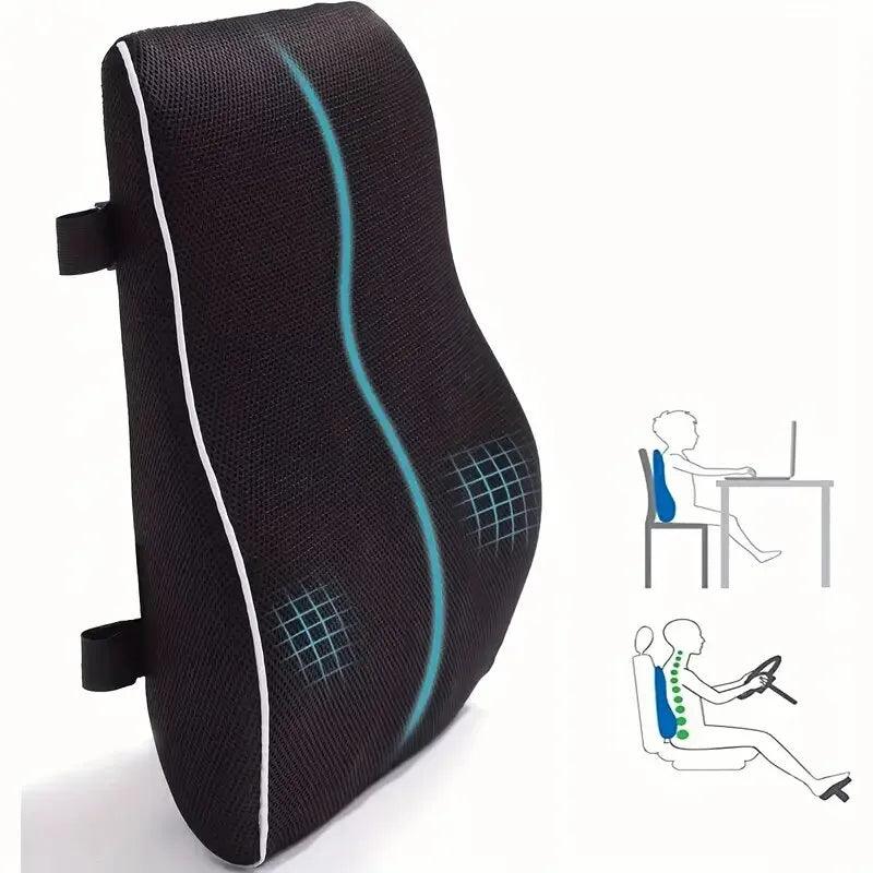 Introducing the Memory Foam Car Seat Cushion, Lumbar Support—an ergonomic seating solution crafted from memory foam. This black cushion with blue accents is designed for versatile use, as illustrated by two diagrams: one showing it enhancing comfort at a computer desk and the other demonstrating its application as an orthopedic car seat cushion.