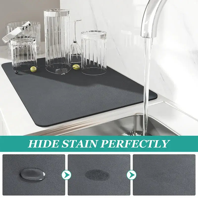 Diatom mud kitchen mat used for drying glassware, featuring quick-dry and antiskid properties on a countertop near a sink.