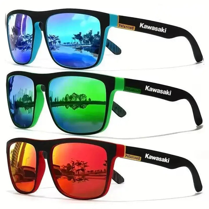 Displayed are three pairs of our Sunglasses UV400 Protection, featuring a stunning semi-rimless design. The lenses in blue, green, and red elegantly reflect scenic outdoor views while providing UV400 protection. The black frames with visible branding on the arms ensure both style and safety for outdoor hunting, fishing, driving, and bicycling activities.