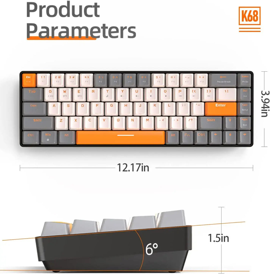 The Wireless Keyboard Bluetooth Dual Mode boasts a compact design with orange and dark grey keys and measures 12.17 inches in width, 3.94 inches in height, and 1.5 inches deep, accompanied by a 6-degree incline. Its vibrant orange Enter key makes it an excellent choice for mechanical keyboard enthusiasts who value both style and functionality.