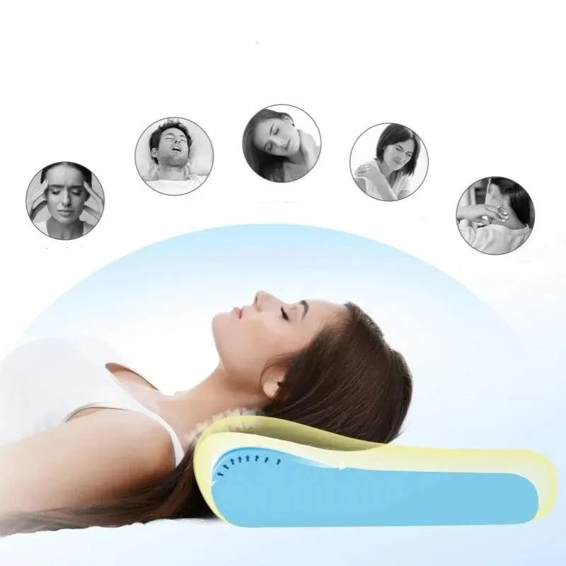 A person reclines on a Memory Foam Bed Pillow in blue and yellow, designed with orthopedic features for enhanced comfort. Above, five circular images illustrate various experiences of relief or discomfort. The Cervical Neck Pillow provides supportive relief for neck and shoulder tension.