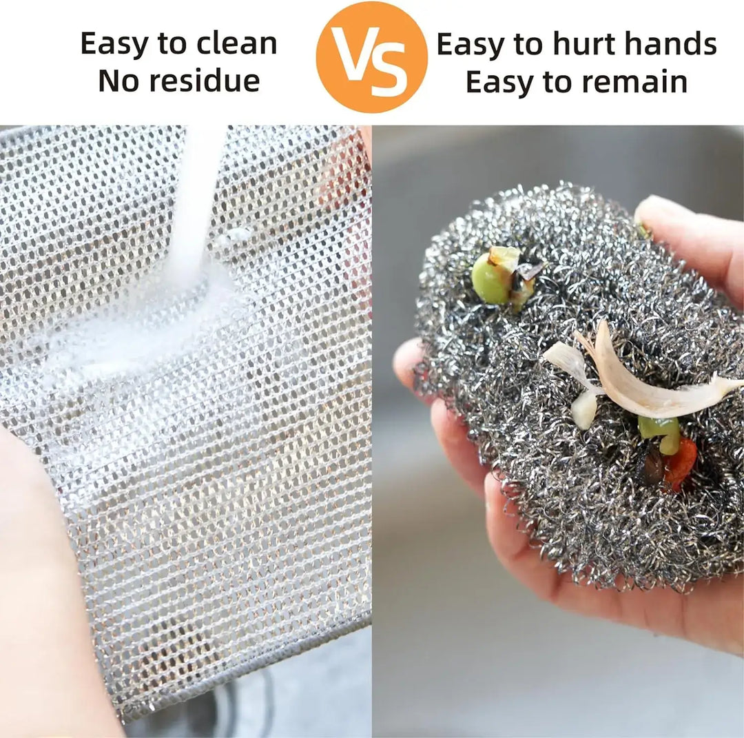 "Comparison of magic cleaning cloth with metal scrubber, highlighting easy cleaning and no residue benefits in kitchen use."