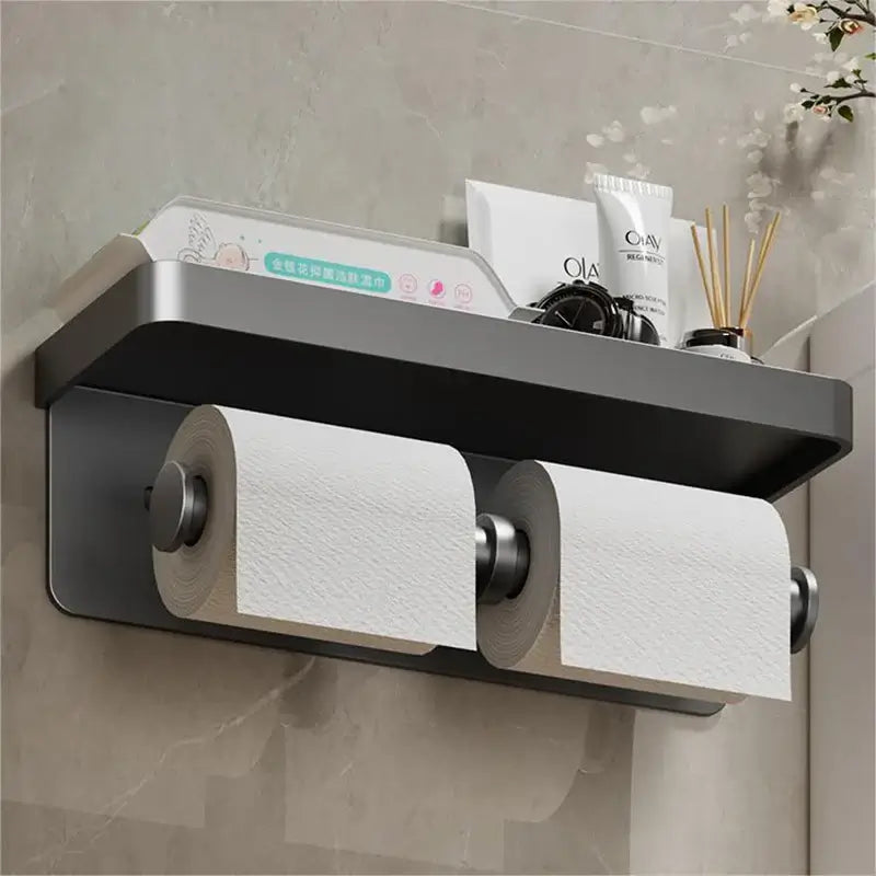 Aluminum Alloy Toilet Paper Holder with Shelf, Wall Mount Bathroom Organizer, Dual Roll Holder with Phone Storage