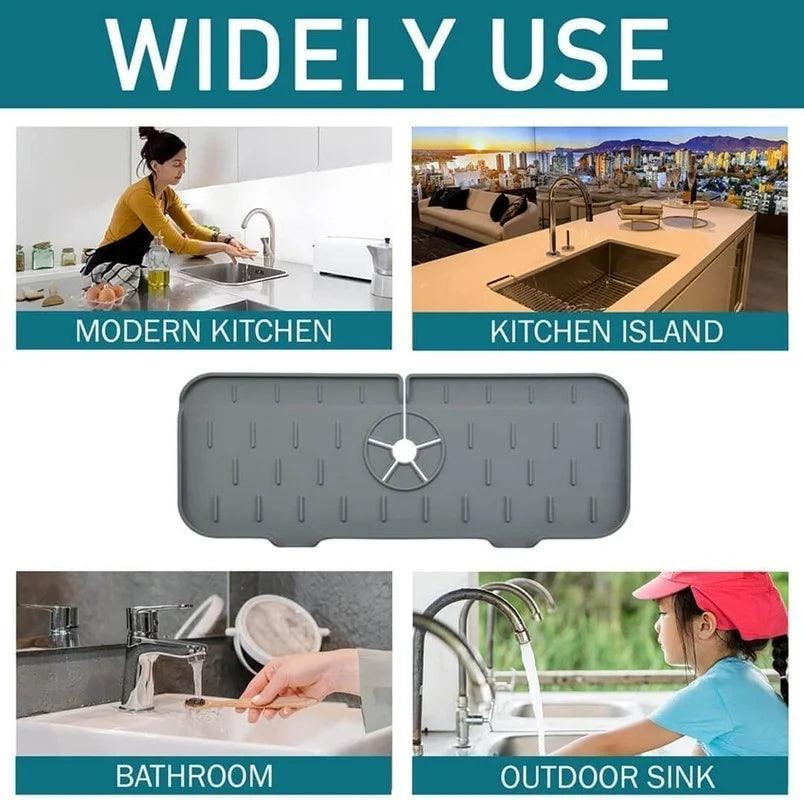 Collage displaying four uses of a Faucet Guard Kitchen Mat for Kitchen Sinks: in a modern kitchen with a woman cleaning, on a kitchen island, in a bathroom sink with hands washing, and in an outdoor sink with a child. Text at the top reads "WIDELY USE.