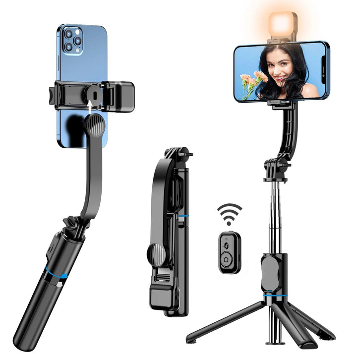 Collage showcasing a black Selfie Stick with LED Light, featuring Bluetooth connectivity and a desktop bracket. Displayed in three positions: folded, partially extended, and fully extended with a smartphone mounted, depicting a smiling woman.