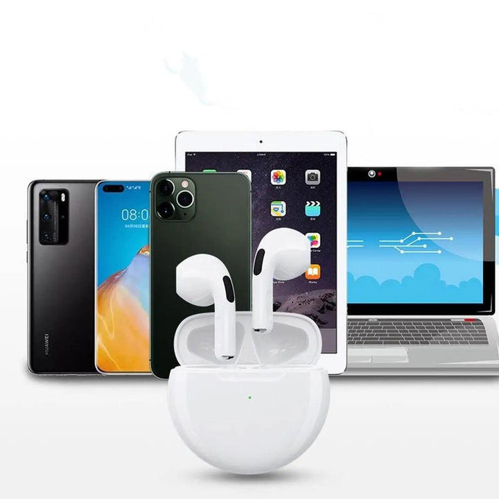 A pair of TWS Wireless Earphones Bluetooth Headphones Mini Earbuds, featuring binaural call capabilities and a charging case, is in front of various electronic devices: a smartphone with a teal background, a green smartphone, a tablet displaying app icons, and a laptop with a blue screen.