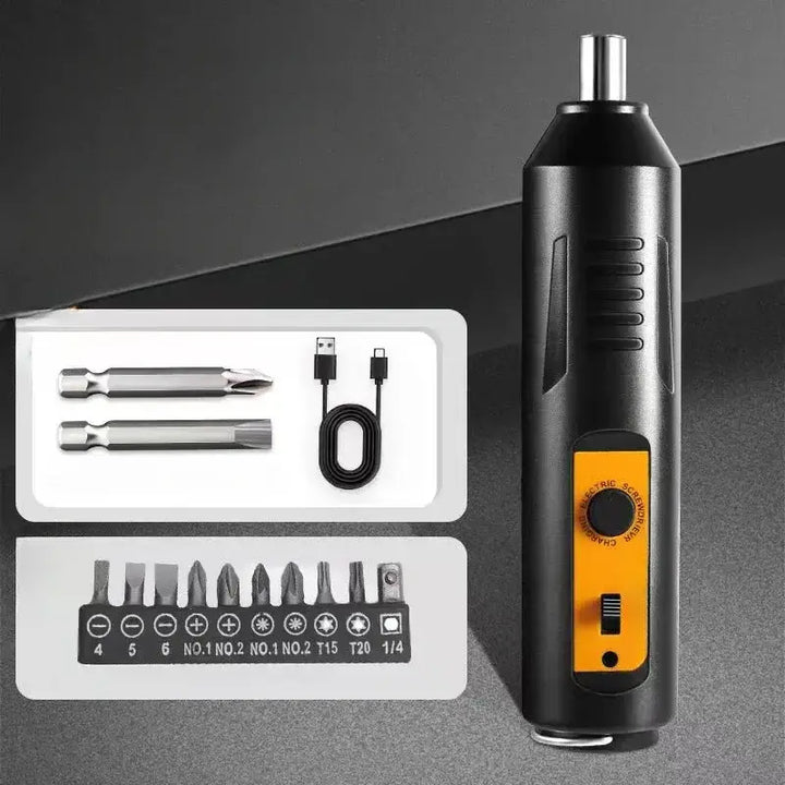 Displayed is the Mini Hand Electric Drill, an electric screwdriver set in black and orange with multiple interchangeable bits. It comes with two extensions and a charging cable, all showcased against a sleek gray background to emphasize its impressive battery capacity.