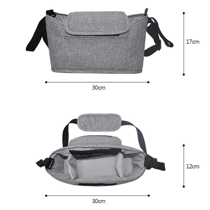 Image showcasing a gray "Stroller bag organizer" with ample storage space. The top view reveals dimensions of 30 cm wide and 17 cm tall, while the side view measures 30 cm by 12 cm. Crafted from durable nylon fabric, the organizer features a convenient shoulder strap for easy carrying.