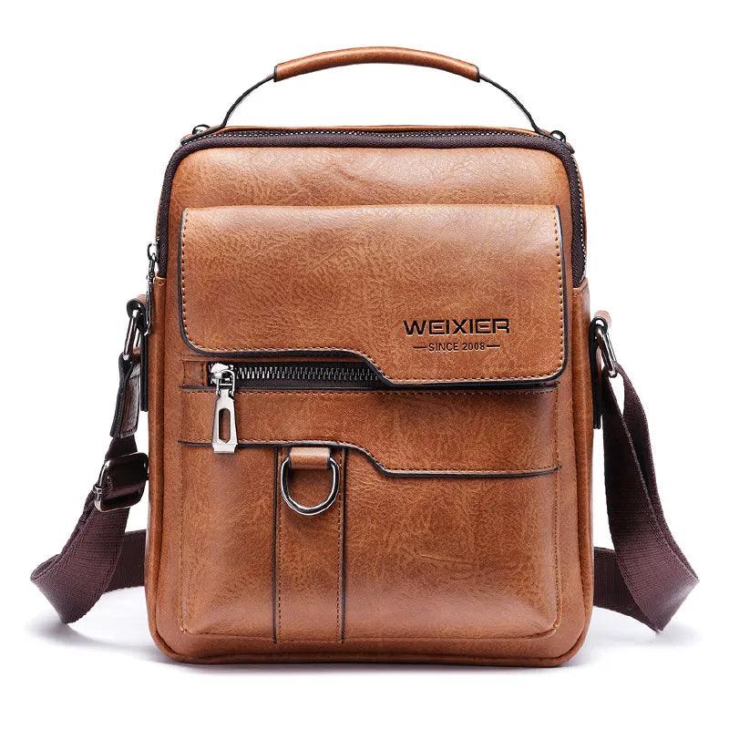 The "Shoulder Bag for iPad, Men's Crossbody Bag, Business Messenger Bag" features a stylish brown leather look with PU material. It includes multiple compartments, a front zippered pocket, buckle detail, an adjustable shoulder strap, a top handle, and "WEIXIER" branding on the front.