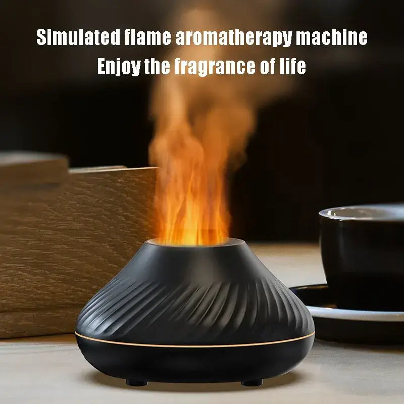 Flame aromatherapy humidifier with high fog output, perfect for creating a serene atmosphere in small spaces.