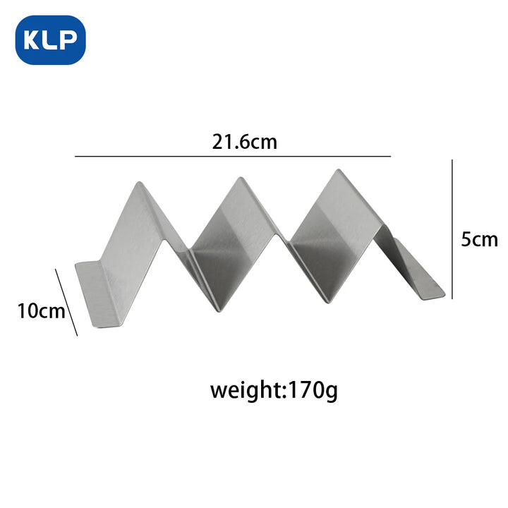 KLP 4-piece stainless steel taco holder with V-shaped design, measuring 21.6cm x 5cm x 10cm and weighing 170g.