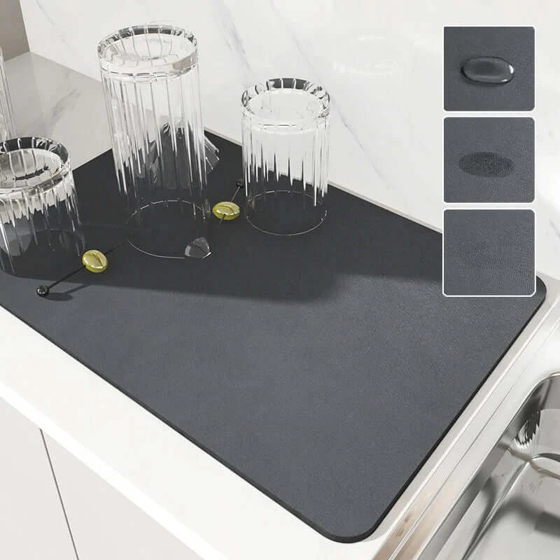 Kitchen mat quick dry antiskid in use, holds glasses on eco-friendly diatom mud surface, modern rectangular design.