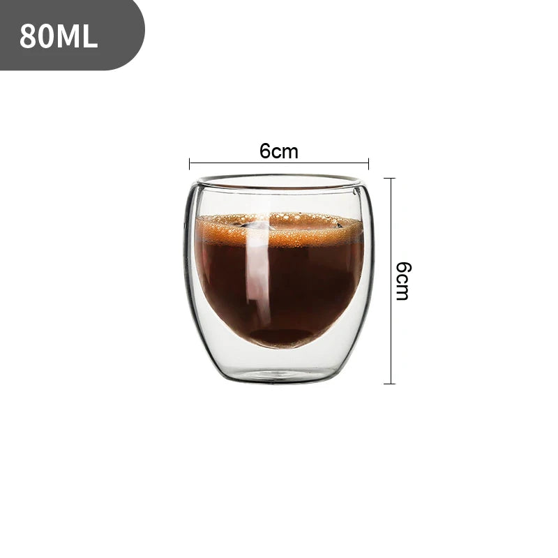 An 80ml capacity Double-layer insulated glass cup, featuring transparent design and dimensions of 6cm in both width and height, is filled with coffee.