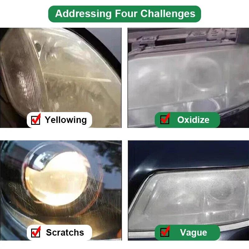 Four photos displaying different car headlight issues include: top left—yellowing, top right—oxidization, bottom left—scratches, and bottom right—vagueness. Each image is marked with a check to indicate the problem being addressed using the Car Headlight Repair Fluid from the Headlamp Assembly Cleaner kit.