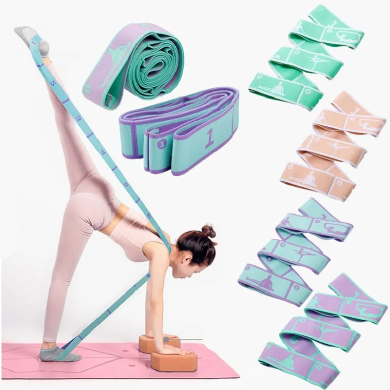 A woman practicing yoga uses a long, teal Yoga Stretching Belt Stretching Band for Pilates Digital Stretch Elastic Band. She is in a leg stretch position with hands on yoga blocks. Various colored resistance bands are displayed on the right, each showcasing different stretch illustrations.