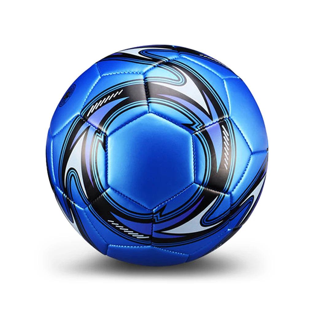 A Professional Competition-grade Soccer Ball crafted from PU Leather, featuring a sleek shiny surface and adorned with blue, black, and white patterns in multiple hexagonal sections, is elegantly displayed on a plain white background.