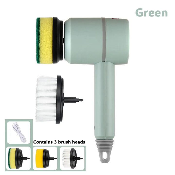 The Cordless Electric Bathroom, Kitchen & Sofa Cleaning Brush is a green, multi-functional device featuring USB rechargeability and includes a sponge head, a soft bristle head, and a hard bristle head. A charging cable is also provided in the package. The word "Green" appears in the top right corner.