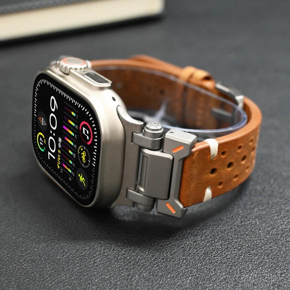 An Apple Watch featuring a high-quality leather strap with a brown perforated design and a metal casing rests on a dark surface. The display shows the time as 10:09, adorned with vibrant circular icons. This sleek design pairs seamlessly with Apple Watch compatibility, combining style and versatility.