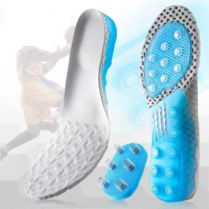 Introducing the Silicone Gel Insoles Orthopedic Arch Support Plantar Fasciitis Sole Pad: a pair of blue and white insoles crafted with comfort in mind, perfect for athletic activities. They feature textured surfaces and multiple shock-absorbent, gel-like support zones. In the background, a subtle image of a basketball player underscores the insoles' exceptional arch support capabilities.