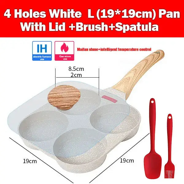 Non-stick egg frying pan with 4 holes, wooden handle, lid, brush, and spatula, ideal for easy egg cooking.