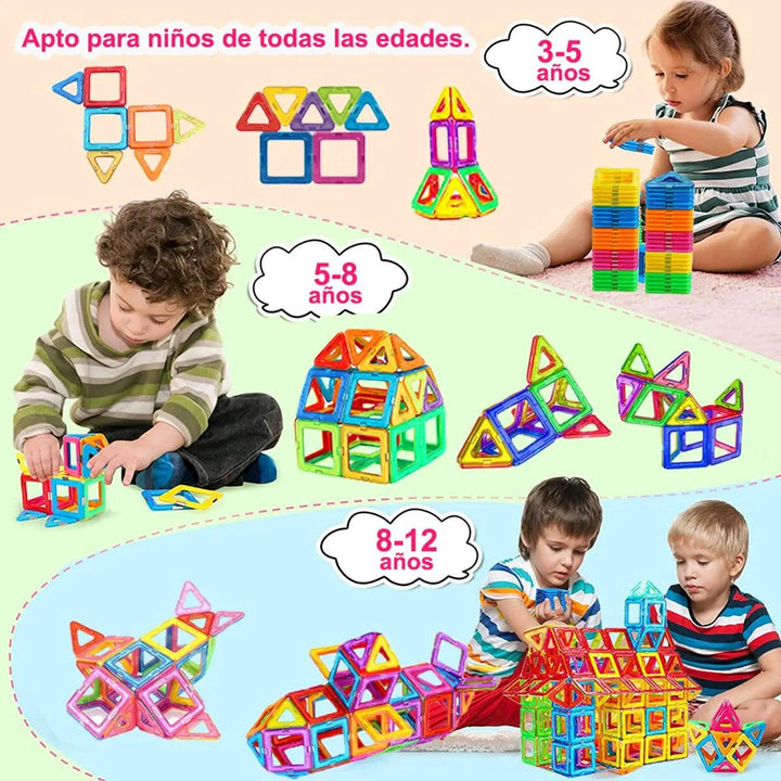 Children engaging with the vibrant Magnetic Building Blocks DIY Magnets Toys Kids Designer Construction Set, crafting an array of structures. Text in Spanish indicates appropriate age ranges: 3-5, 5-8, and 8-12 years. The image features educational play with diverse assembly ideas tailored for each age group.