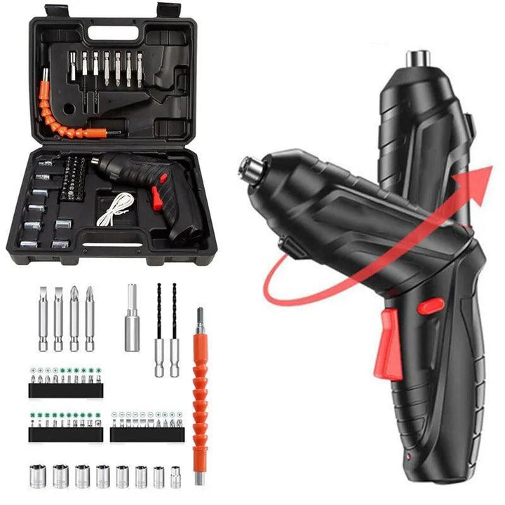 Introducing the Power Tools Set Cordless Screwdriver Rechargeable Drill, featuring a high-precision motor with a variety of attachments such as drill bits, screw bits, and an extension. This screwdriver is presented in an open black carrying case and showcases a red and black design with interchangeable heads for versatile applications.