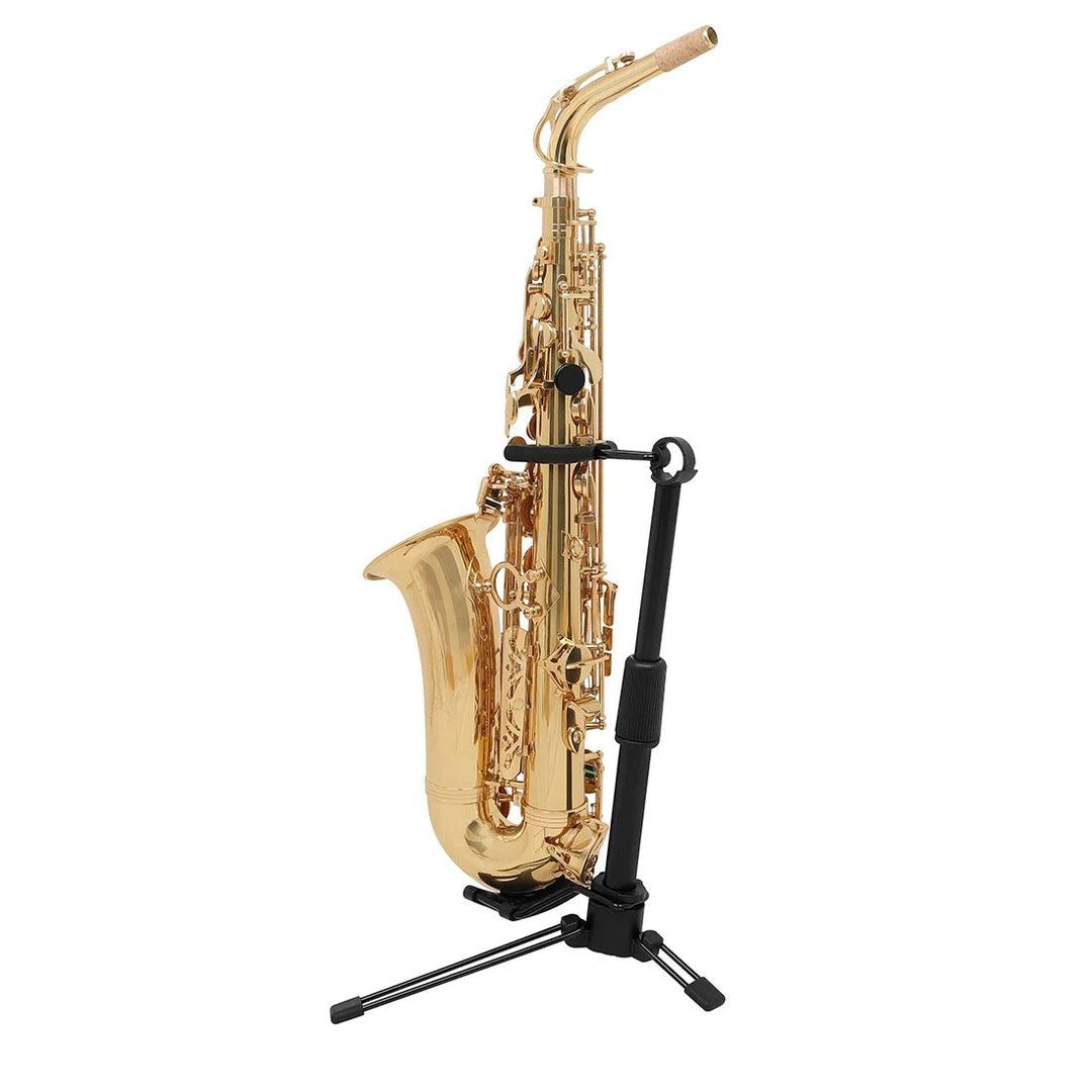 A shiny gold saxophone is displayed on a Portable Foldable Instrument Stand Adjustable Floor Stand, set against a plain white background. The instrument's keys and fine details are clearly visible, highlighting its polished finish. Ideal for any wind music enthusiast, the saxophone stands upright, proudly showcasing its iconic curved shape.