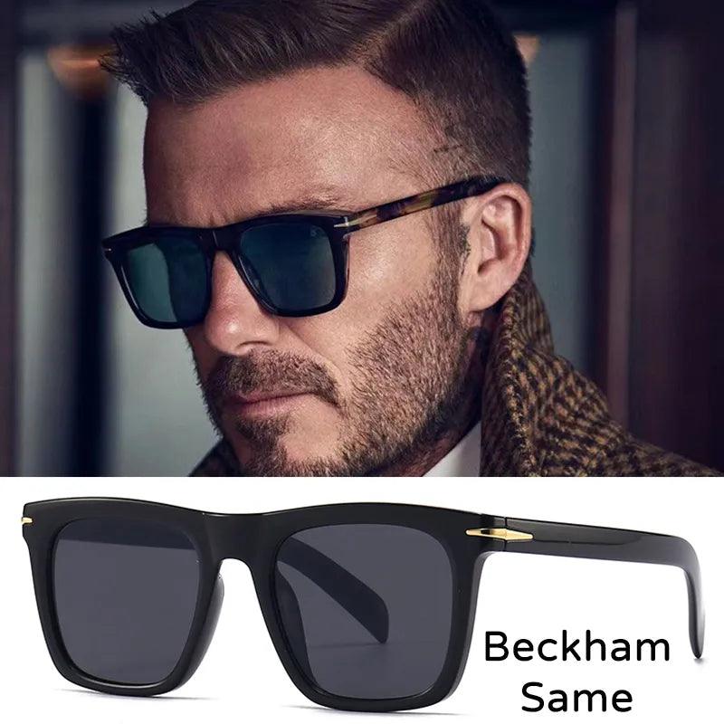 A bearded man wears dark sunglasses and a patterned scarf, exuding timeless style. The image is titled "Beckham Same," highlighting the retro square design of the Sunglasses Anti-Blue Light, Glasses UV400 Designer Eyewear.