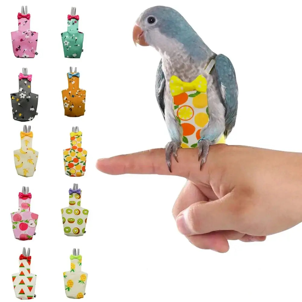 A parrot perched on a finger, proudly wearing a Parrot Diaper with Bowtie Bird Flight Suit Clothes Pet Bird Diaper Harness. Encircling the fashionable pet are twelve small aprons adorned with charming patterns such as fruits, stars, and abstract designs.