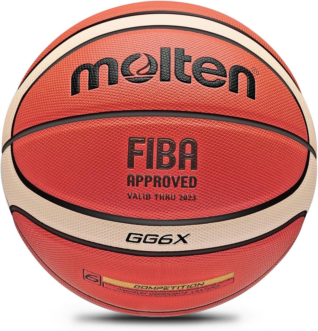 Close-up of an orange and beige Molten Basketball Composition Leather, featuring black text. This Competition Ball is made from high-quality materials and holds the Molten PU Official Certification, valid through 2023, with FIBA approval. It has a textured surface with the branding prominently displayed in the center.