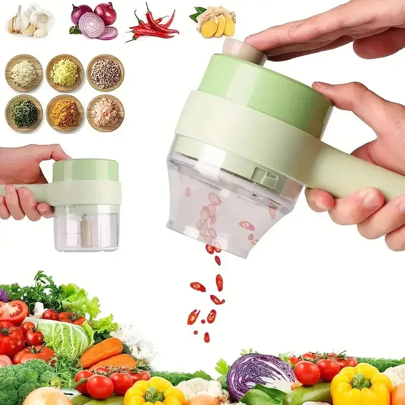 Using a Vegetable Cutter, Slicer Garlic, Mud Masher Chopper Cutting Pressing with an ergonomic design, a person dices small red chili peppers. The chopper has a green top and a transparent base, surrounded by various spices and herbs above while colorful vegetables such as peppers and lettuce are beautifully arranged below.