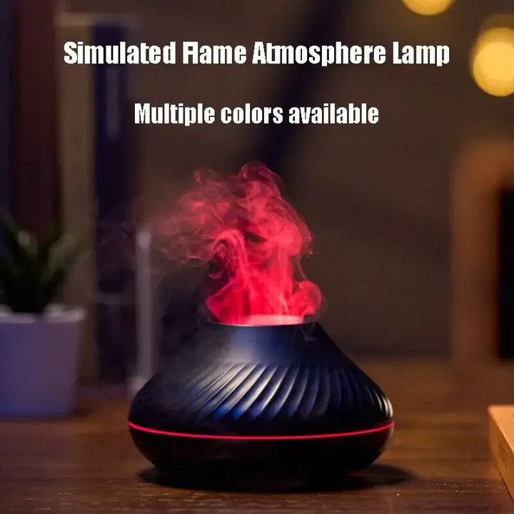 Simulated flame aromatherapy humidifier lamp with red mist in a dimly lit room, designed for atmospheric lighting and relaxation.