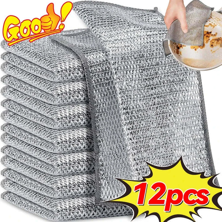 "12 pieces of thickened double-sided metal steel wire cleaning cloths for kitchen and dishwashing use."