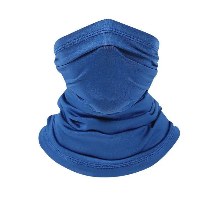 The "Silk Sun Protection Bib" is a versatile blue accessory that functions as both a motorcycle neck cover and a sports bandana riding mask, crafted from stretchy fabric to provide comfort and protection against wind and dust during outdoor activities.