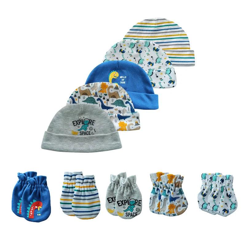 Introducing the Newborn Baby Hats Cotton Baby Sleep Headwear Baby Accessories Set, a vibrant collection of hats and mittens adorned with playful cartoon dinosaur and space designs. This set showcases patterns featuring stripes along with dinosaur and space motifs in delightful shades of blue, gray, yellow, and white.