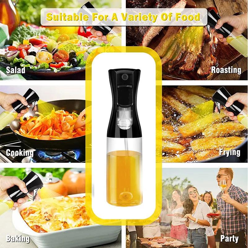 A collage showcasing the Oil Spray Bottle - Kitchen BBQ Cooking Olive Oil Dispenser, black and transparent, eco-friendly, positioned at the center. The surrounding images depict the bottle in action during cooking activities such as salads, roasting, frying, baking, and parties. The top text reads "Suitable For A Variety Of Food.