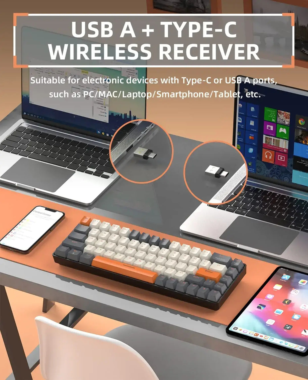 A desk setup showcasing a laptop, tablet, and smartphone is enhanced by the Wireless Keyboard Bluetooth Dual Mode. This sleek mechanical keyboard stands out for its compact design and USB A + Type-C wireless receiver, seamlessly connecting to devices like PCs, Macs, and tablets for superior compatibility.