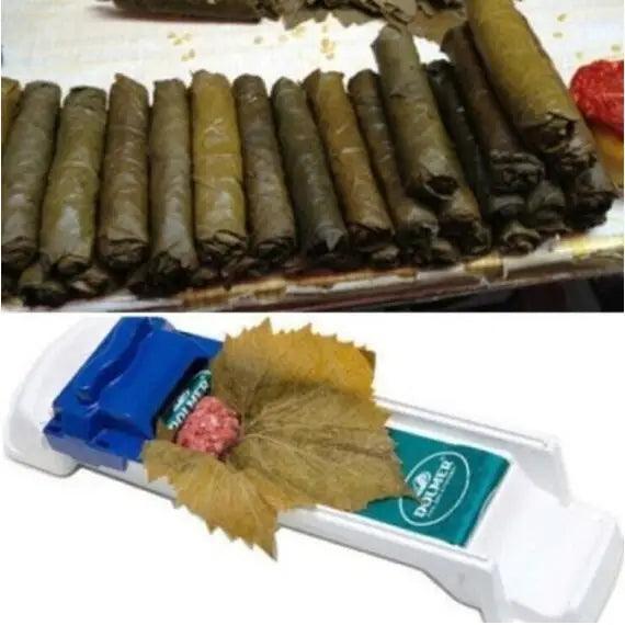 A device, known as the "Stuffed grape dolma maker," is shown with a grape leaf and filling being rolled, utilizing an eco-friendly plastic tool, next to a row of neatly rolled grape leaf dolmas.