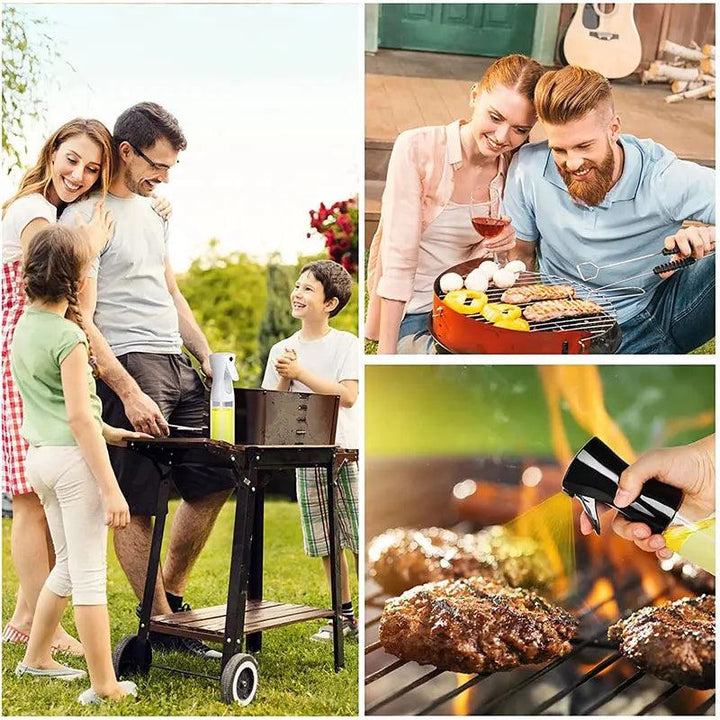 A collage of three images captures a family grilling outdoors. The first image shows a family around an eco-friendly grill. The second highlights a couple cooking together, using the Oil Spray Bottle - Kitchen BBQ Cooking Olive Oil Dispenser for seasoning. The third offers a close-up of burgers being perfectly seasoned on the grill.