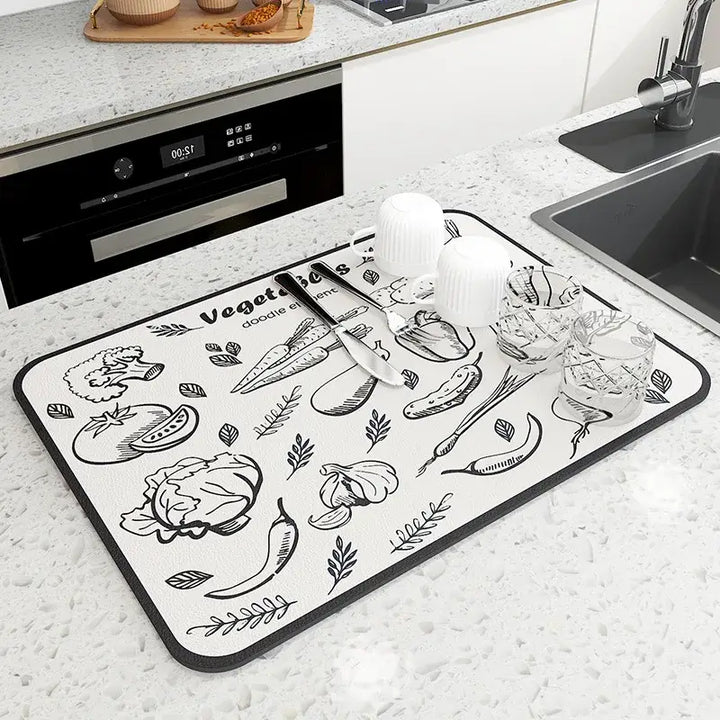 Kitchen mat quick dry rectangular diatom mud with vegetable design, perfect for drying dishes and adding modern style to tableware setups.