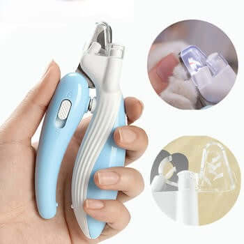 A hand holds the Pet Nail Clippers with LED Light, showcasing its blue and white design. Inset images illustrate the trimmer in use on a cat's nails, highlighting its safety features and adjustable blades, which make it an essential tool for pet care.