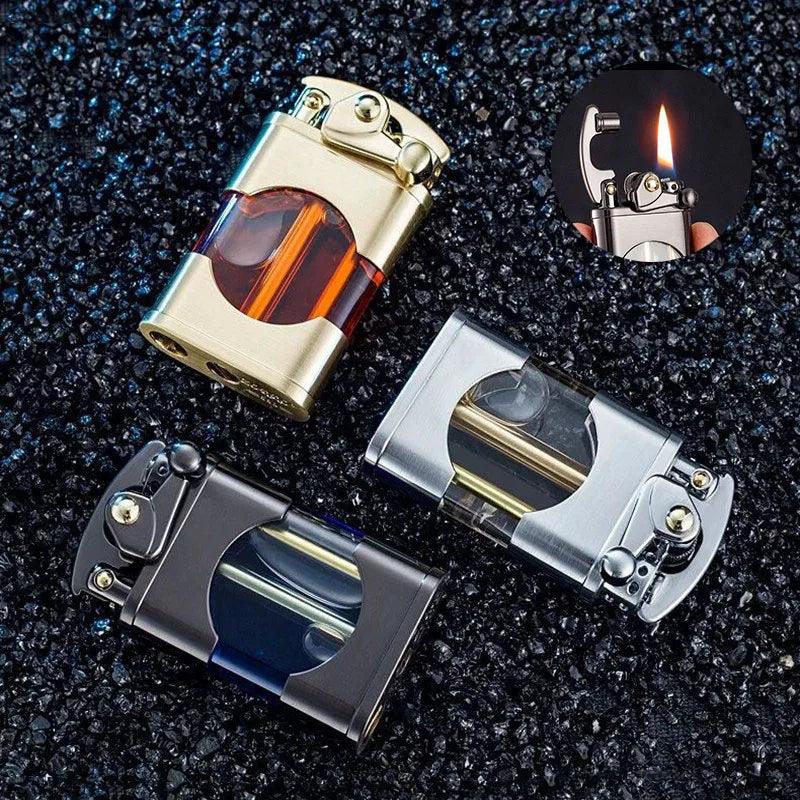 Three Kerosene Lighter Vintage Lighters, designed with a retro metal aesthetic and transparent fuel windows, are showcased in gold, silver, and black on a textured dark surface. An inset highlights a close-up of one lighter igniting a flame.