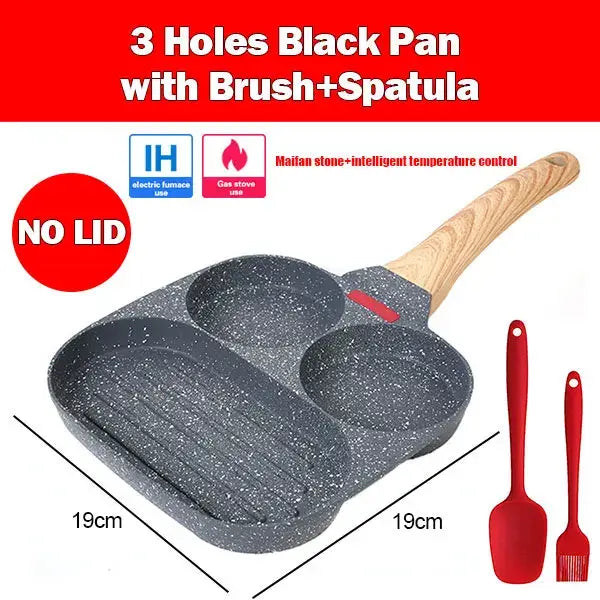 3 holes black egg frying pan with brush and spatula, featuring intelligent temperature control and non-stick coating.