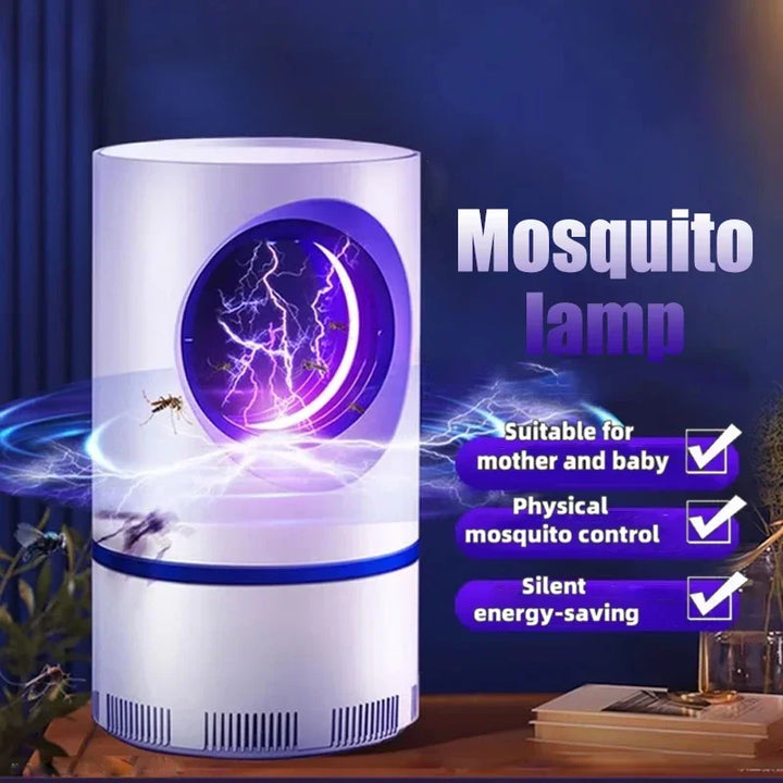 The NEW Indoor Electric Mosquito Trap, featuring a glowing purple light, is showcased as perfect for families with mothers and babies. It provides physical mosquito control, operating silently while conserving energy. Two mosquitoes are seen near the USB-powered Mosquito Killer Lamp with a suction fan designed for indoor insect trapping.