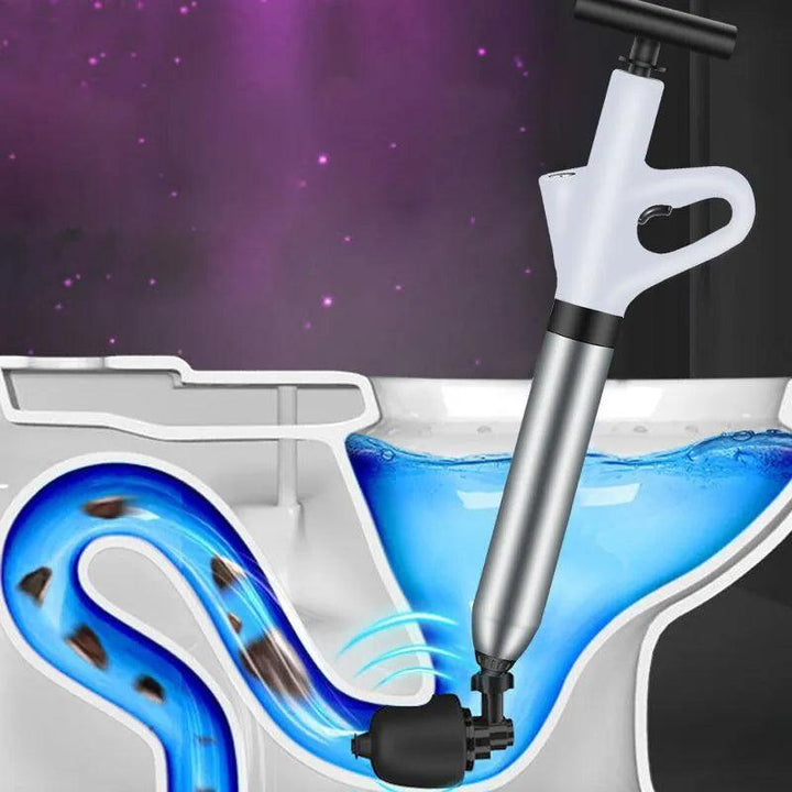 The image shows the Toilet Pipe Dredger, High-Pressure Drain, Cleaner Plumbing Dredging Kit in action as it clears a clogged toilet. The stainless steel dredger is inserted into the toilet bowl, effectively pushing through the blockage while blue water swirls around it, showcasing its capability to tackle obstructions in the pipe.